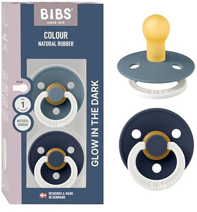 BIBS Colour Night Glow in the Dark Soother 2-Pack, BPA Free Dummy Pacifier, Round Nipple. Natural Rubber Latex, Made in Denmark, Size 1 (0-6 Months), Petrol Glow/Deep Space Glow