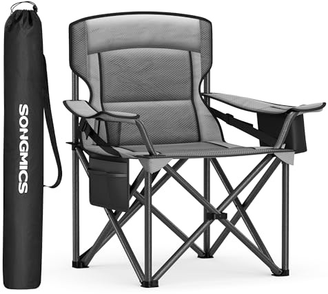 SONGMICS Sedia da Campeggio Imbottita Extra-Large, Comoda Sedia Pieghevole per Glamping all'Aperto, con Supporto Lombare, Borsa Termica, Portante 205 kg, Grigio Ardesia GCB066G01