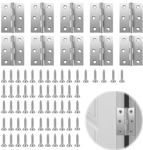 10PCS Hinges for Wood Silver Stainless Steel Hinges 2 Inch Hinge Small Hinge Folding Butt 6 Holes 50mm Internal Doorhinges for Cabinet Door or Internal Doors Window Box with 60 Screws