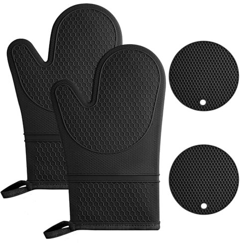 AUAUY Ofenhandschuhe Set, 1 Paar Silikon Ofenhandschuhe mit 2 Topflappen, Anti-Rutsch Kochhandschuhe, Hitzebeständige Topfhandschuhe, Backofen Handschuhe für Küche Kochen Backen Grillen BBQ