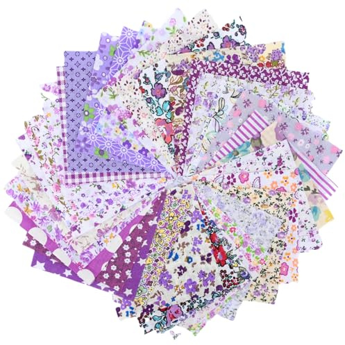 NECXON 50 PCS Cotton Craft Fabric Bundle Squares, Fat Quarters Fabric Bundles | Sewing Fabric | Gingham Fabric | Floral Dot Fabric Patchwork for Sewing Quilting Crafting DIY(Purple, 10 x 10 cm)