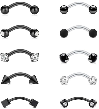 WillTen Rook - 10 piercing verticali per labbro, piercing per sopracciglio, orecchini curvi, piercing per sopracciglio, piercing per labbra, elice, conchiglia, gioielli da donna, argento nero, 8mm