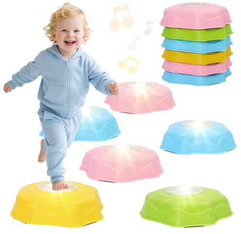 Piedras Equilibrio Niños con Luces y Música, 6 Piedras de Paso Apilables que Fomentan el Equilibrio y Psicomotricidad, Juguetes Sensoriales Jardín, Curso de Obstáculos para Interiores y Exteriores