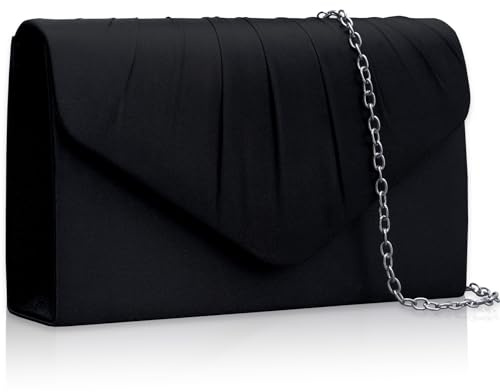 Larcenciel Bolso Mujer Negro, Elegante Bolso de Mano de Satén Suave con Cadena Desmontable, Clutch Fiesta de Noche Clásico Plisado, Cartera de Mano de Moda para Boda, Fiesta, Cena, Cóctel, 23x13x5CM