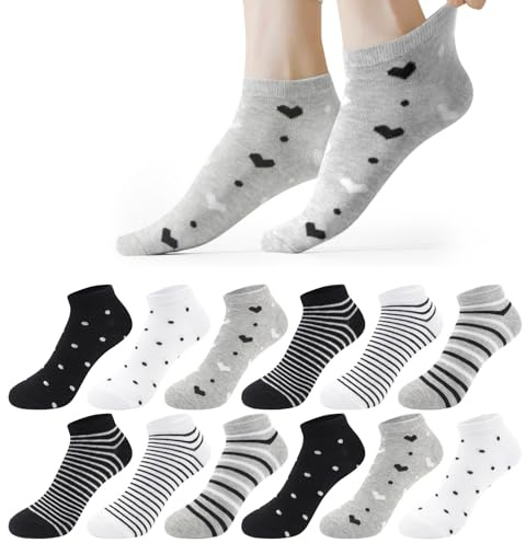 Libella 12 Pares Calcetines Tobilleros Mujer Verano, Tallas 35-38/39-42 | Calcetines de Algodón con Corazones, Rayas y Manchas, ligeros y transpirables, suaves y cómodos para uso diario