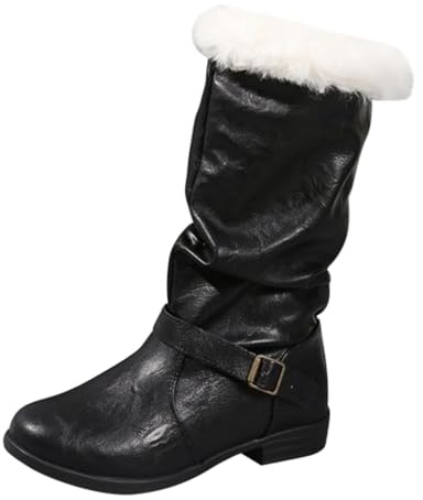 Chanpning Bottes larges pour femme - Couleur unie - Botte de longueur moyenne - Botte blanches avec fermeture éclair latérale - Bottes de Père Noël avec poignets blancs - Sangle de cheville