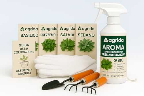 Agrida Kit Erbe Aromatiche – Concime BIO Pronto all’Uso 500 ml + Semi Basilico Prezzemolo Salvia Sedano + Attrezzi da Giardino + Guanti + Guida Coltivazione – Kit Completo Balcone e Terrazzo