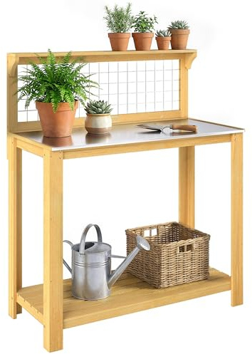 Outsunny Wooden Potting Bench Table with Aluminium Worktop, Outdoor Garden Workbench with 2 Shelves and Grid Design for DIY, Planting Work Station for Patio, Yard, Balcony, 100 x 48 x 119 cm, Yellow