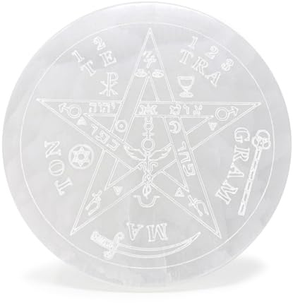 Placa redonda de Selenita Natural, 10 cm, Disco de carga circular cristal con Grabados Místicos, para Meditación y Energía, Nudo de Bruja, 7 Chakras, Flor de la Vida (Tetragramatón)