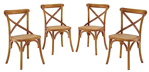 Modway Gear Rustic Modern Farmhouse Elm Wood Rattan Four Dining Chairs in Walnut