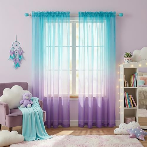 KOUFALL Lila gardiner för sovrum flickrum dekor, sjöjungfru ombre genomskinliga barngardiner för barnkammare baby, 2 panelset, ljus lavendel och blågrön aqua, 203 cm lång