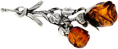SilverAmber Jewellery UK - Genuine Cognac Baltic Amber & Sterling Silver Exclusive Double Roses Brooch - BR2