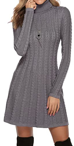 Gyabnw Robe Pull Femme Hiver Chic et Elegant Robe en Laine Manche Longue Robe à col Roulé Cocktail Soiree,Gris-B XXL