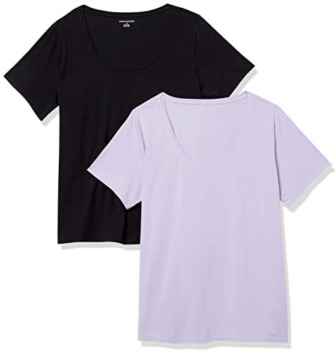 Amazon Essentials Women's Classic-Fit Short-Sleeve Scoop Neck T-Shirt (Available in Plus Size), Pack of 2, Black/Lavender, Medium