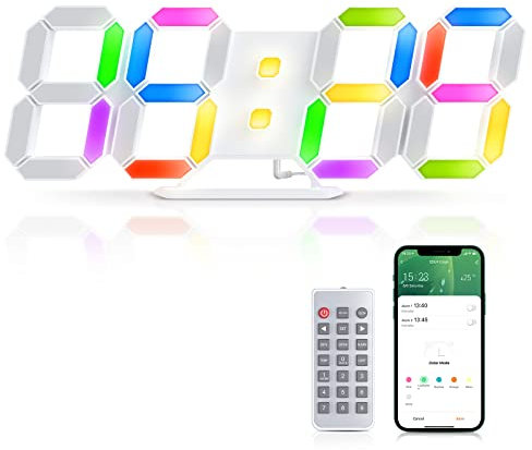 EDUP HOME 3D LED Wecker Digital, 9,7 Zoll 7 Farben Digital geräuschlos Snooze USB 12/24Stunden Datum Temperatur mit RGB, APP-Steuerung und Fernbedienung Uhr für Schlafzimmer/Wohnzimmer/Büro