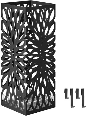 SONGMICS Porte-parapluies, Support pour Parapluies d’Entrée, Carré, en Acier, Organisateur sur Pieds, pour Parapluies et Cannes, avec Réceptacle d’Eau Amovible, 4 Crochets, Noir LUC026B33