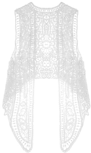 SATINIOR Gilet Hippie au Crochet Cardigan Creux en Dentelle Gilet Hippie Irrégulier Cardigan Boho sans Manches (Blanc)