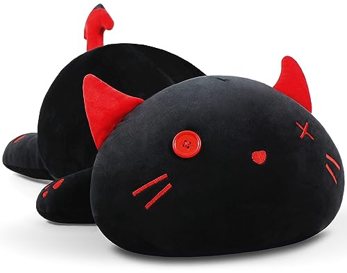 Snowolf Söt kattdjävul som kramkudde, plysch, mjukisdjur, leksak, Kawaii, plyschleksak, supermjuk, tecknad figur, kastkudde för flickor, pojkar, födelsedag, present (50 cm, svart)