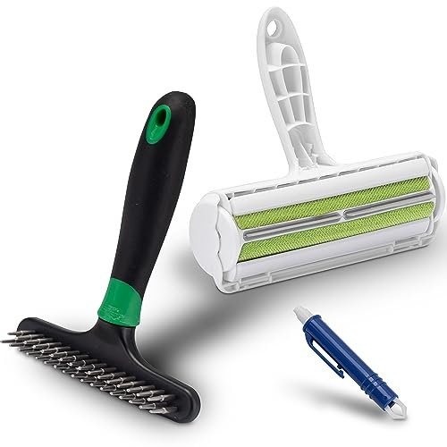 FinoPet 3er Entfilzungs-Set Entfilzungsstriegel als Hundebürste/Katzenbürste, XL Fusselrolle und Zeckenzange, Entfilzungshaken für alle Tiergrößen, Tierhaarentferner, Automatische Zeckenentfernung