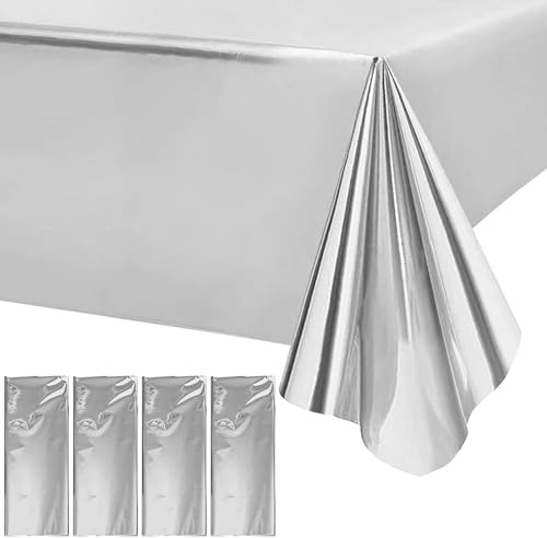 4 stycken bordsduk för födelsedagsfester - 137 x 274 cm, plast, folie, för fester, födelsedagar, grillar, familjesammankomster, camping (silver)