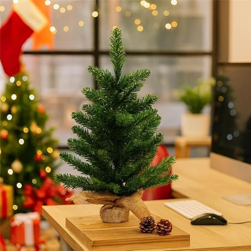 Marco Paul 2ft Artificial Mini Christmas Tree with Jute Bag – 60cm Realistic Mini Tabletop Xmas Tree, Indoor Small Christmas Tree with Burlap Bag Base - Xmas Artificial Tree for Office Desktop
