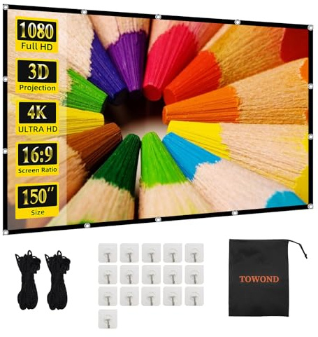 Projector Screen TOWOND 150 inch Projection Screen Indoor Outdoor Washable Anti-Crease 16:9 HD Rear Front Movies Screen for Home Theater Office