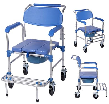 Suuiwau 4-in-1 Bedside Commode, Rolling Shower Chair with Wheels, 150 kg Weight Capacity, Toilet Chair for Elderly, Disabled