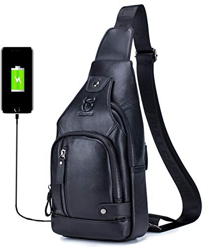 BULLCAPTAIN Ryggsäck i äkta läder med USB-laddningsport flera fickor bröstväska vandring resor dagväska XB-129