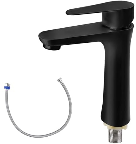 Robinet d'eau froide en acier inoxydable avec tuyau de raccordement de 80 cm - Robinet de salle de bain - Robinet de lavabo d'eau froide - Robinet à levier unique pour salle de bain et WC d'invités