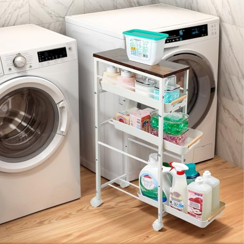 Solcasaco 5 Tier Slim Rolling Storage Cart with Wood Top, Narrow Laundry Room Organizer for Tight Gaps, Metal Bathroom Gap Filler, Kitchen Pantry Trolley, Small Spaces (White)