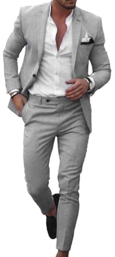 Dbutiy Conjunto de 2 Piezas de Lino para Hombre, Traje de Novio para Verano, Playa, Boda, Traje de Novio para Hombre, Chaqueta y Pantalones de Esmoquin, Gris,Claro, Medium