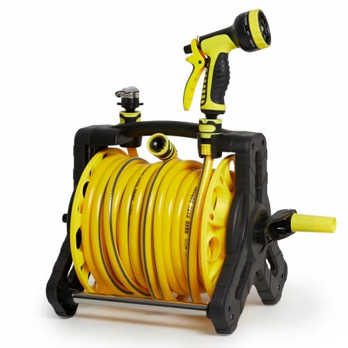 DKIEI Garden Hose Reel with 35M Hosepipe & Adjustable Spray Nozzle, Portable Hose Pipe Reel Retractable and Rewind for Patio & Car Cleaning, Hose Holder Garden Accessories for Lawn Watering