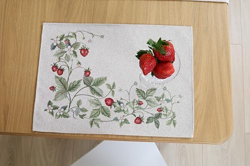 Bordstabletter tvättbara set om 6, 35 x 45 cm, bordsunderlägg tyg 100 % jacquard gobeläng, underlägg hög kvalitet återanvändbara för bröllop, födelsedag, kök, café – jordgubbar