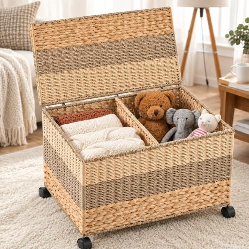 Cinnvoice 27 Gallon(105L) Rolling Wicker Storage Basket, Toy Chest with Lid