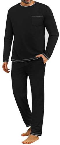 Demegimi Mens Pyjamas Set Long Sleeve Crew Top and Cotton Lounge Pants Winter Mens PJS Sets Loungewear Sleepwear Black