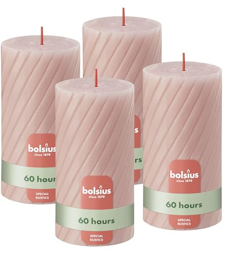Bolsius Rustic Pillar Candles – Acanaladas – Rosa Claro – Set de 4 – 13 cm – Velas Decorativas para el Hogar – Hechas con Cera Natural de Origen Vegetal – Sin Aceite de Palma