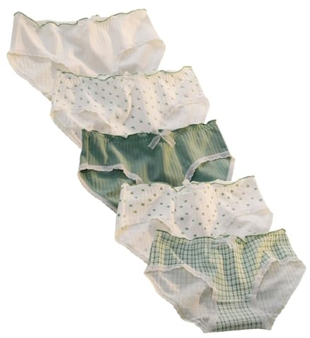 Lot de 5 culottes mignonnes en coton pour femme - Style japonais kawaii - Taille mi-haute - Couverture complète - Doux - Imprimé floral - Bordure à volants - Confortable - Pour le quotidien