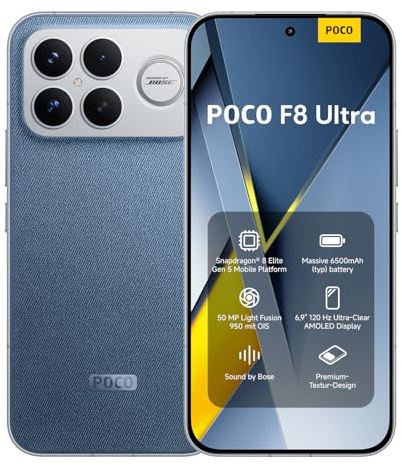 XIAOMI POCO F8 Ultra, Smartphone 12+256 GB, 6.9 120Hz AMOLED Display, 50MP Light Fusion 950 with OIS, Sound by Bose, 6500mAh (typ) Battery, Denim Blue, Charger Not Included
