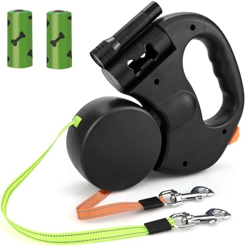 Doppelleine für 2 Hunde - Automatische Hundeleine für 2 Hunde, 360°Verhedderungsfreier Leinenverlängerung Rutschfester Griff Robust Inklusive Beleuchtung Mülleimer Müllsäcken Geeignet für Zwei Hundes