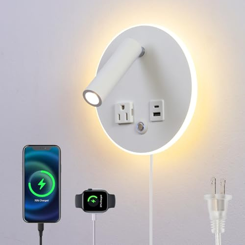 CNMYKYDS LED Round Wall Lamp Dimming Wall Mounted Reading Lights, Adjustable Headboard Plug in Wall Sconce with USB+USB C Ports, Headboard Bedside Lamp with 6W+3W Night Light 3000K (White)