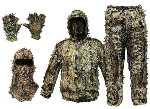 Porgeel Costume Ghillie avec Chapeau et Gants Costume Ghillie de Camouflage pour Hommes Feuilles Respirantes Masque Complet