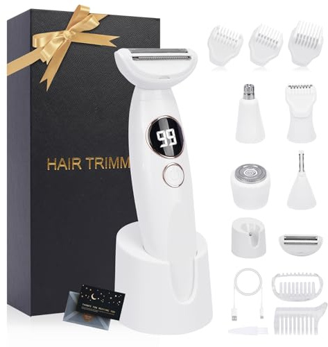 TAVADA Rasoio Elettrico Donna,5 in 1Depilatore Corpo Donna,IRasoio Parti Intime Kit per Viso, Corpo e Inguine-Trimmer Impermeabile IPX7 Display Lcd Base di Ricarica Uso a Secco e Bagnato Electric
