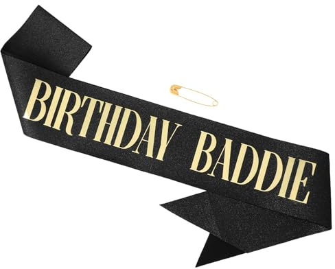 Birthday Baddie Sash, Black Glitter Birthday Sash with Gold Foil, Birthday-Sash for Women and Men, Sparkly Satin Birthday-Sashes for Party Favors Supplies