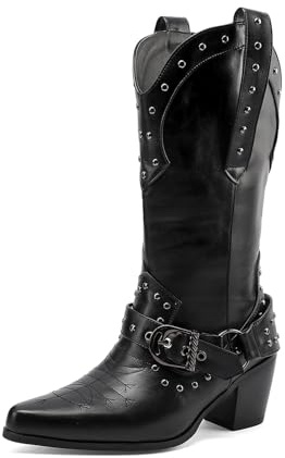 TNMIUH Stivali Cowboy Donna Stivali Western con Borchie Stile Rock Punta Affusolata Stivali a metà Polpaccio con Fibbia Bianco Nero,Nero,36 EU