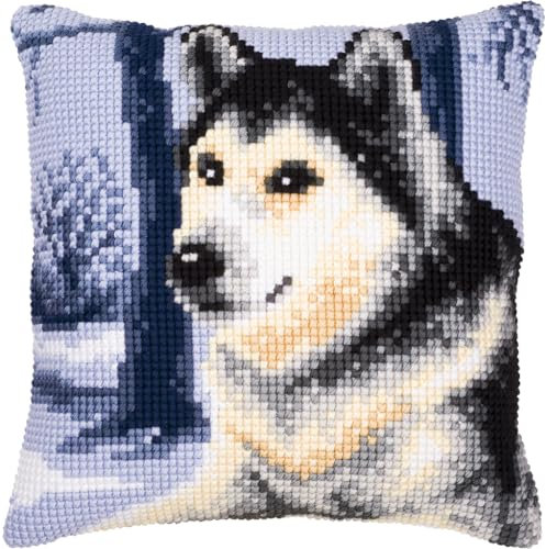 VERVACO Kreuzstich Stickpackungen Kissen Stickerei Set Anfänger Vorgedruckt Schlittenhund DIY Set Kreativ Set Für Erwachsene Dekoratives Kissen ca. 40 x 40 cm Bastelset Handwerker Haus Dekoration