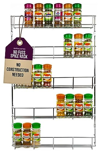 andrew james 1/2/3/4/5 Spice Rack Organiser – No Assembly Needed | Chrome Hanging Spice Shelf for Inside Cupboard Door or Wall Mounted | Kitchen Organiser & Storage Rack with Fixings - Holds 40 Jars