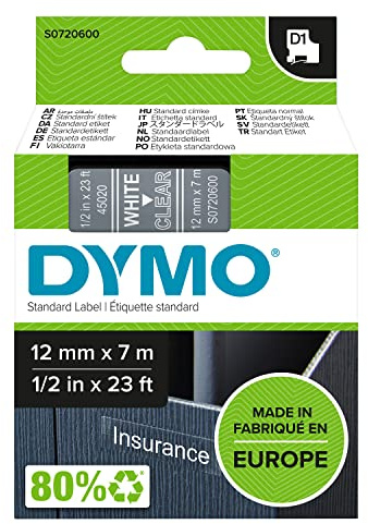 DYMO Authentic D1 Labels | White Print on Clear Tape | 12 mm x 7 m | Self-Adhesive Labels for LabelManager Label Makers | Made in Europe