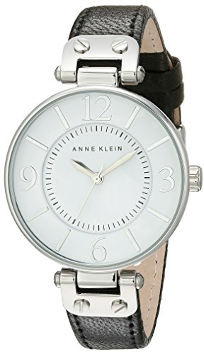 Anne KLEIN Damenuhr weiß-Silber mit schwarzem Lederarmband
