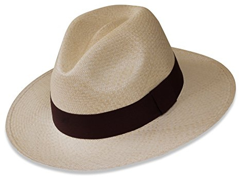 Tumia - Sombrero Panamá Fedora - Versión no Enrollable - Natural con Banda Marrón - 56cm