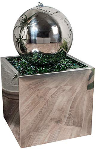Köhko® Springbrunnen Ø 28 cm mit LED-Beleuchtung in eckigen Edelstahlbecken hochglanzpoliert 21015 Gartenbrunnen aus Edelstahl